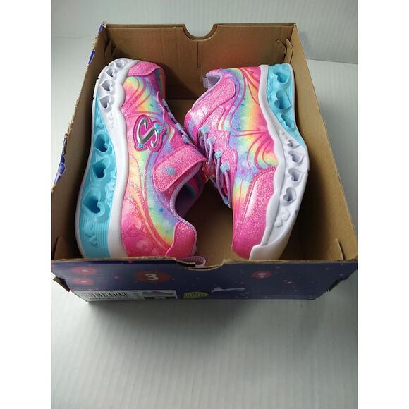Skechers Heart&Lights Groovy Swirl Girls 3 New Hot Pink Lavender Sneakers Strap - Picture 2 of 12